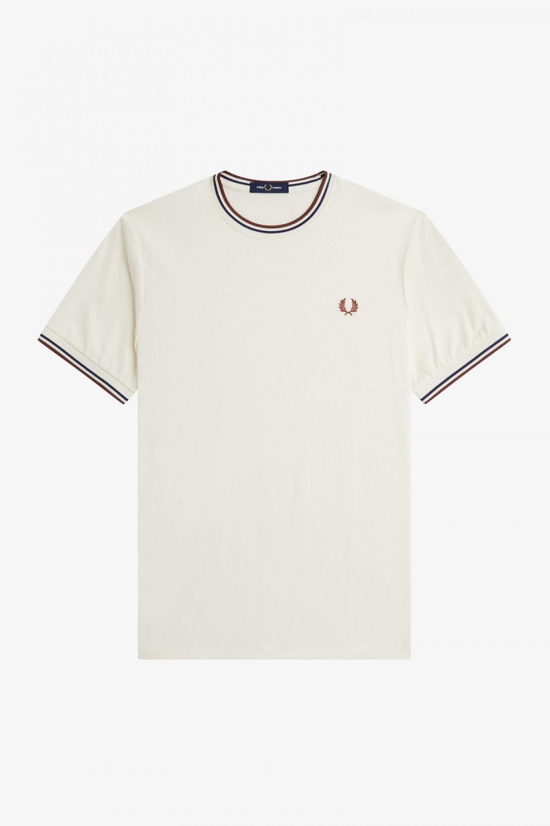 Ecru / Whisky Brown Fred Perry Twin Tipped Men's T Shirts | CAQAV69530