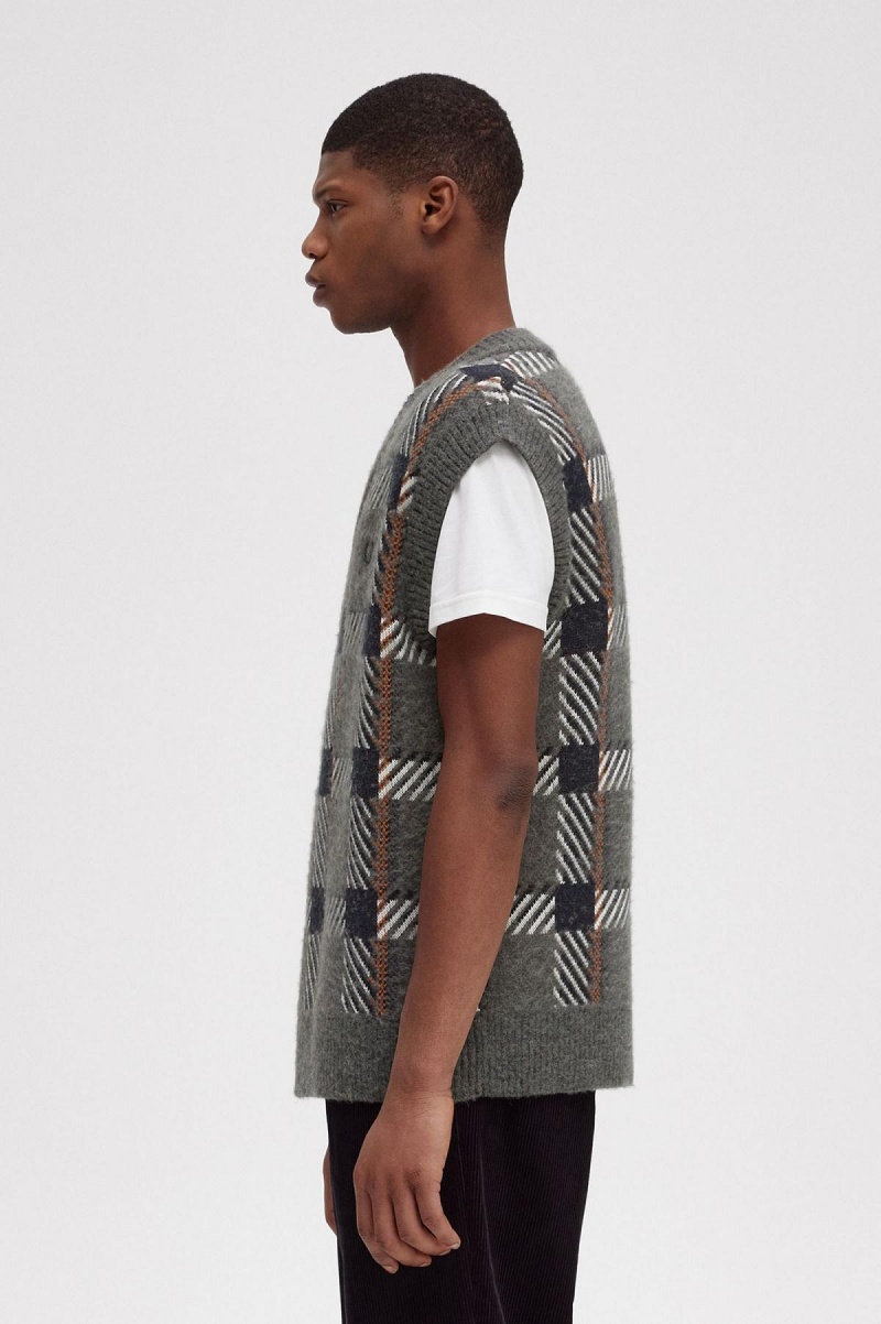 Field Green Fred Perry Glitch Tartan Knitted Tank Men's Knitwear | TCAPQ84971