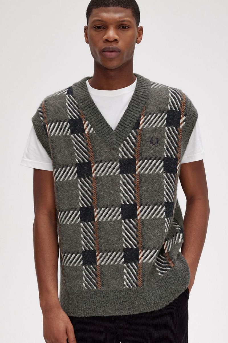 Field Green Fred Perry Glitch Tartan Knitted Tank Men's Knitwear | TCAPQ84971