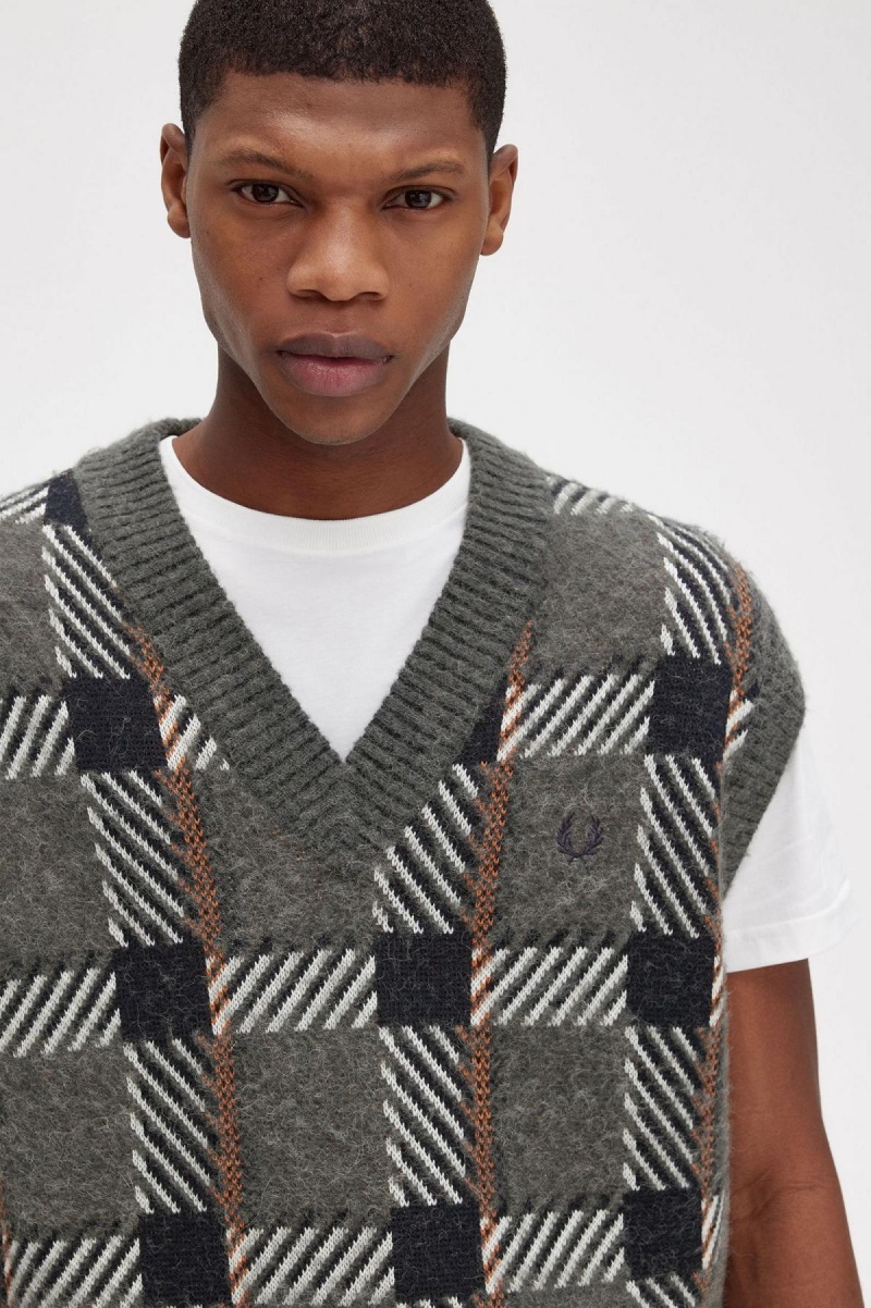 Field Green Fred Perry Glitch Tartan Knitted Tank Men's Knitwear | TCAPQ84971