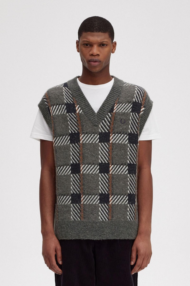 Field Green Fred Perry Glitch Tartan Knitted Tank Men\'s Knitwear | TCAPQ84971