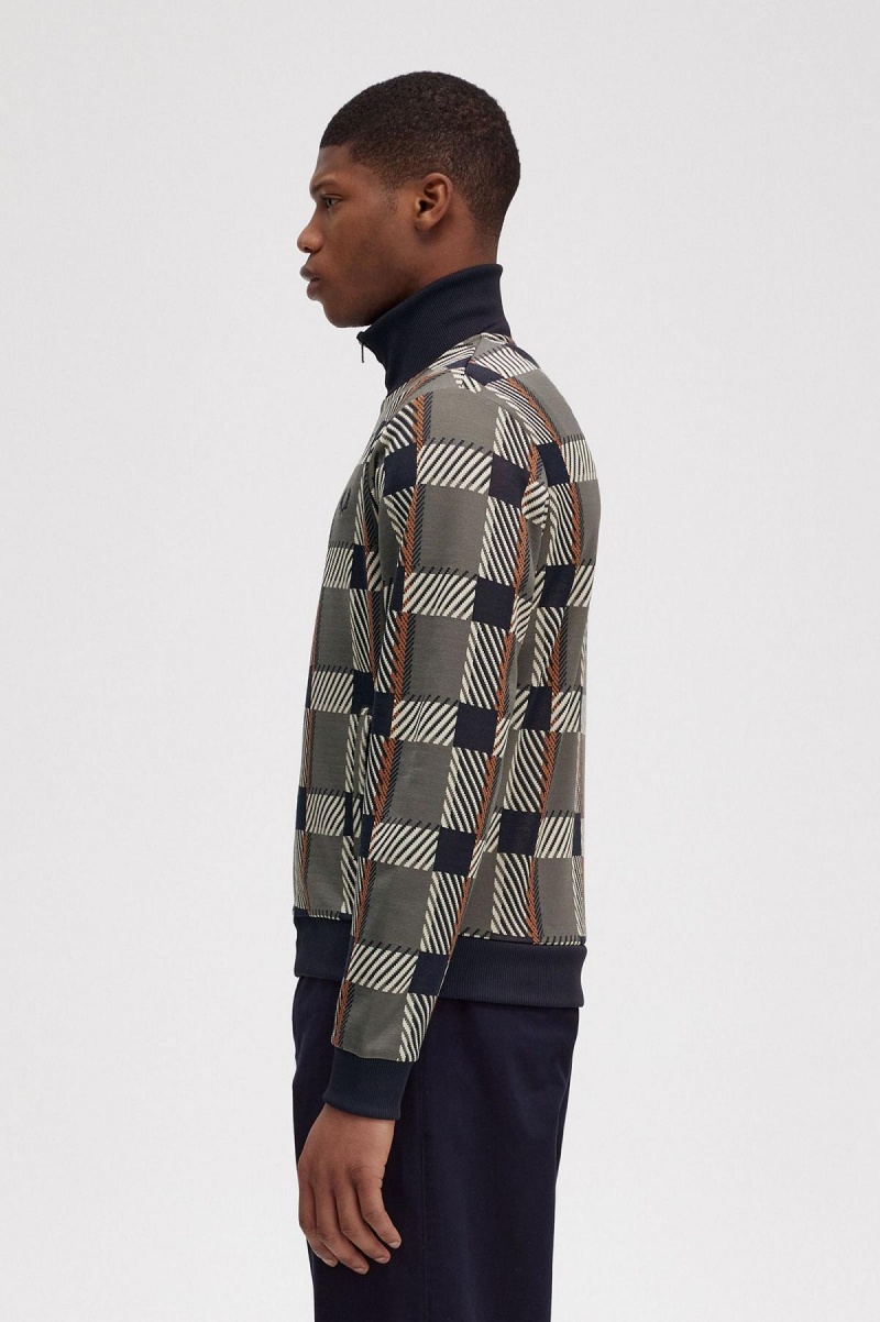 Field Green Fred Perry Glitch Tartan Men's Track Jackets | CAXBR20015