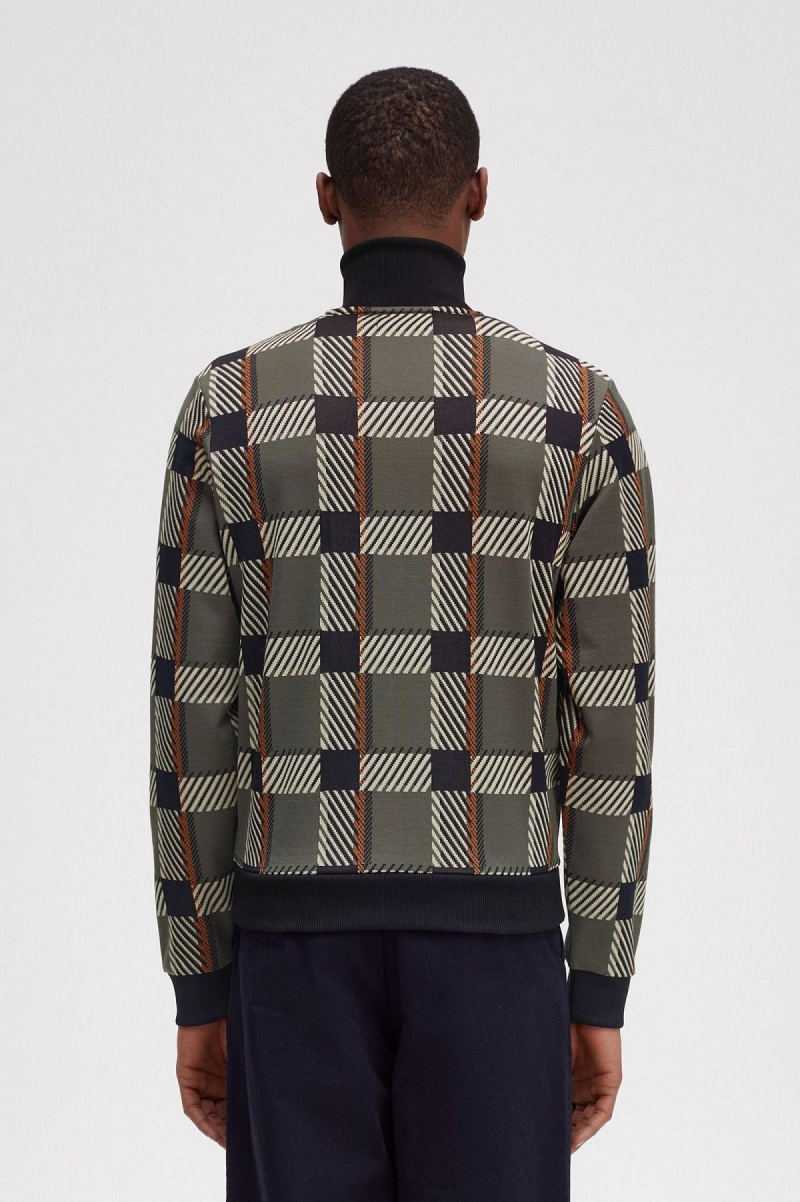 Field Green Fred Perry Glitch Tartan Men's Track Jackets | CAXBR20015