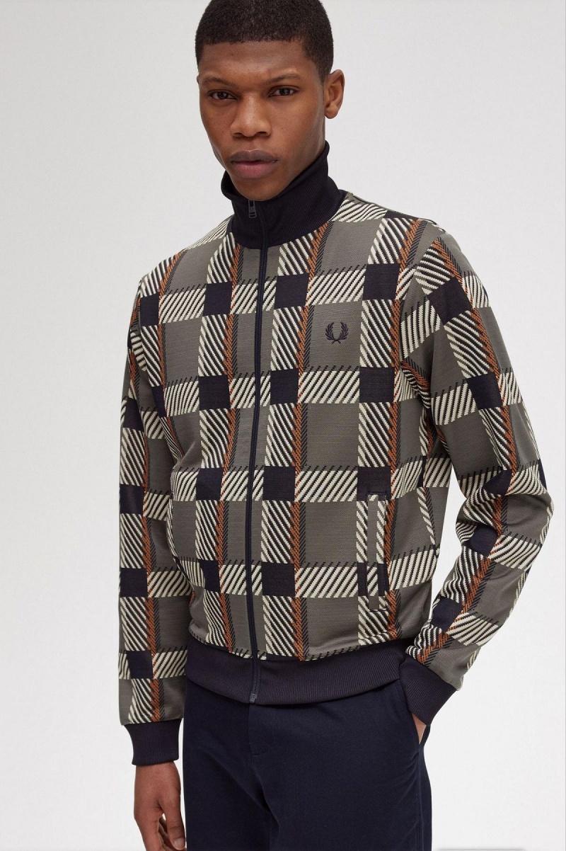 Field Green Fred Perry Glitch Tartan Men's Track Jackets | CAXBR20015