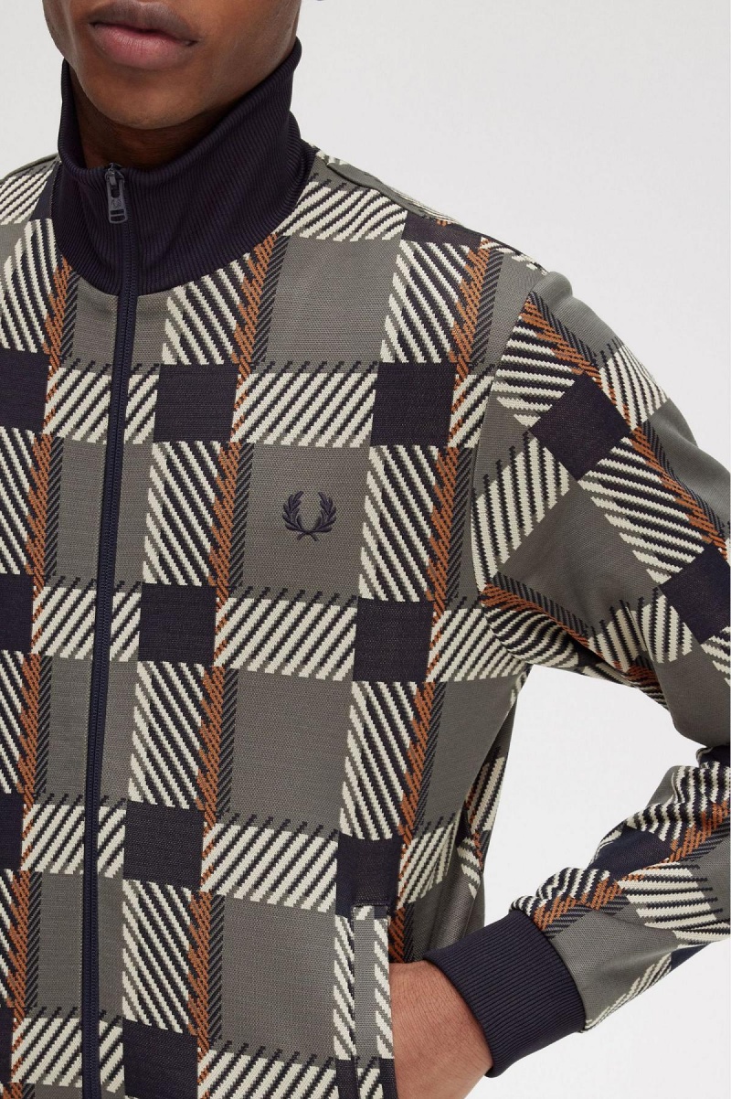 Field Green Fred Perry Glitch Tartan Men's Track Jackets | CAXBR20015