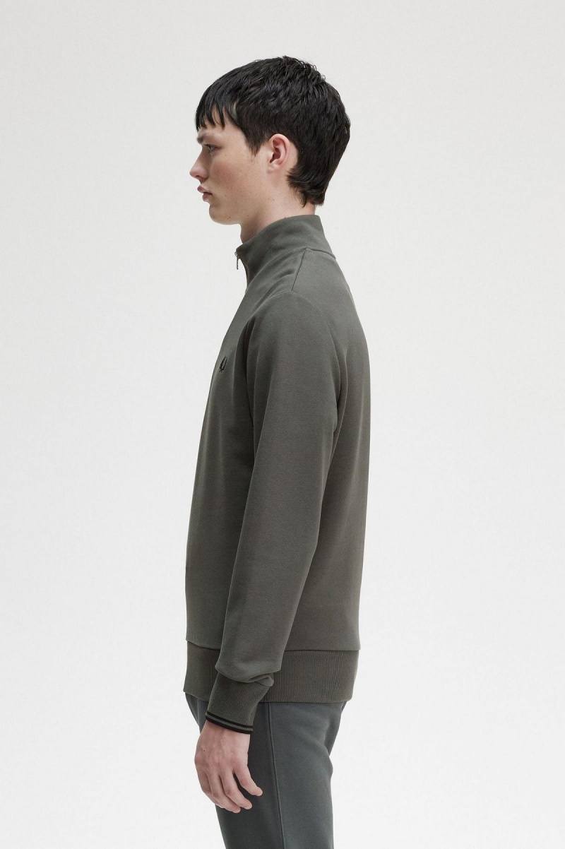 Field Green Fred Perry Half Zip Men's Sweatshirts | CAXBR92497