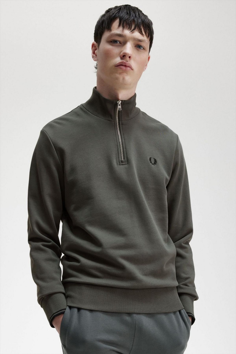 Field Green Fred Perry Half Zip Men's Sweatshirts | CAXBR92497