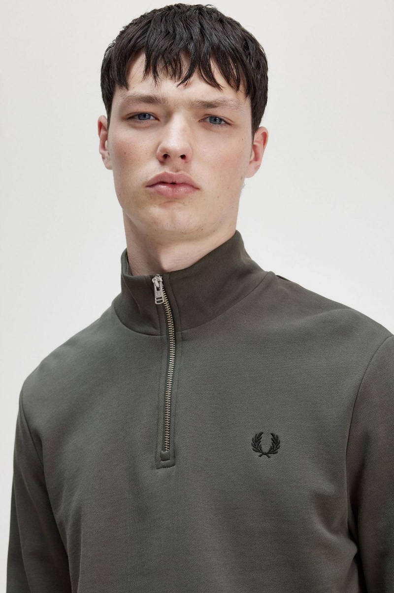 Field Green Fred Perry Half Zip Men's Sweatshirts | CAXBR92497