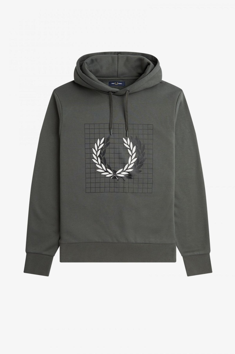 Field Green Fred Perry Laurel Wreath Grid Hooded Men\'s Sweatshirts | CADYB57278