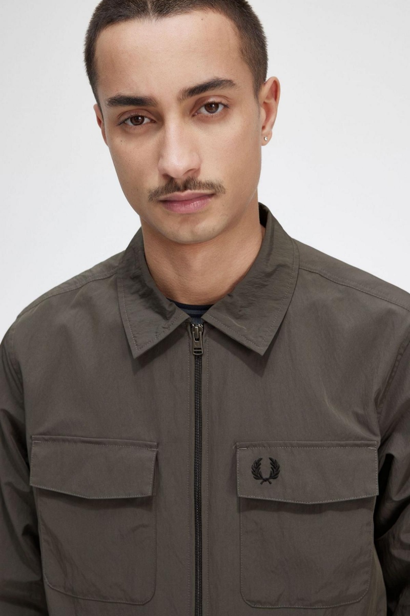 Field Green Fred Perry Lightweight Zip-Through Men's Shirts | ECAVG98165