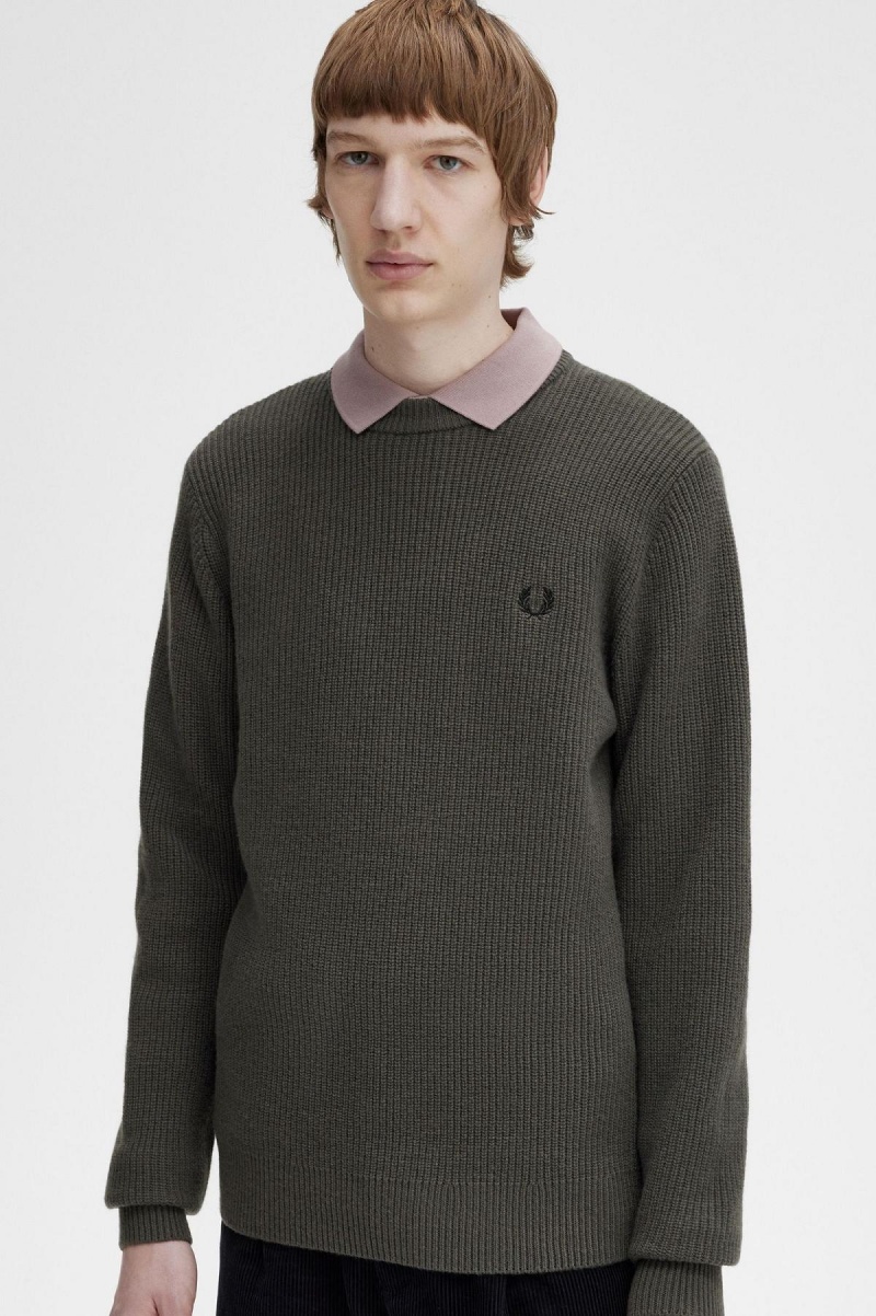 Field Green Fred Perry Textured Lambswool Jumper Men's Knitwear | CAJZR65509