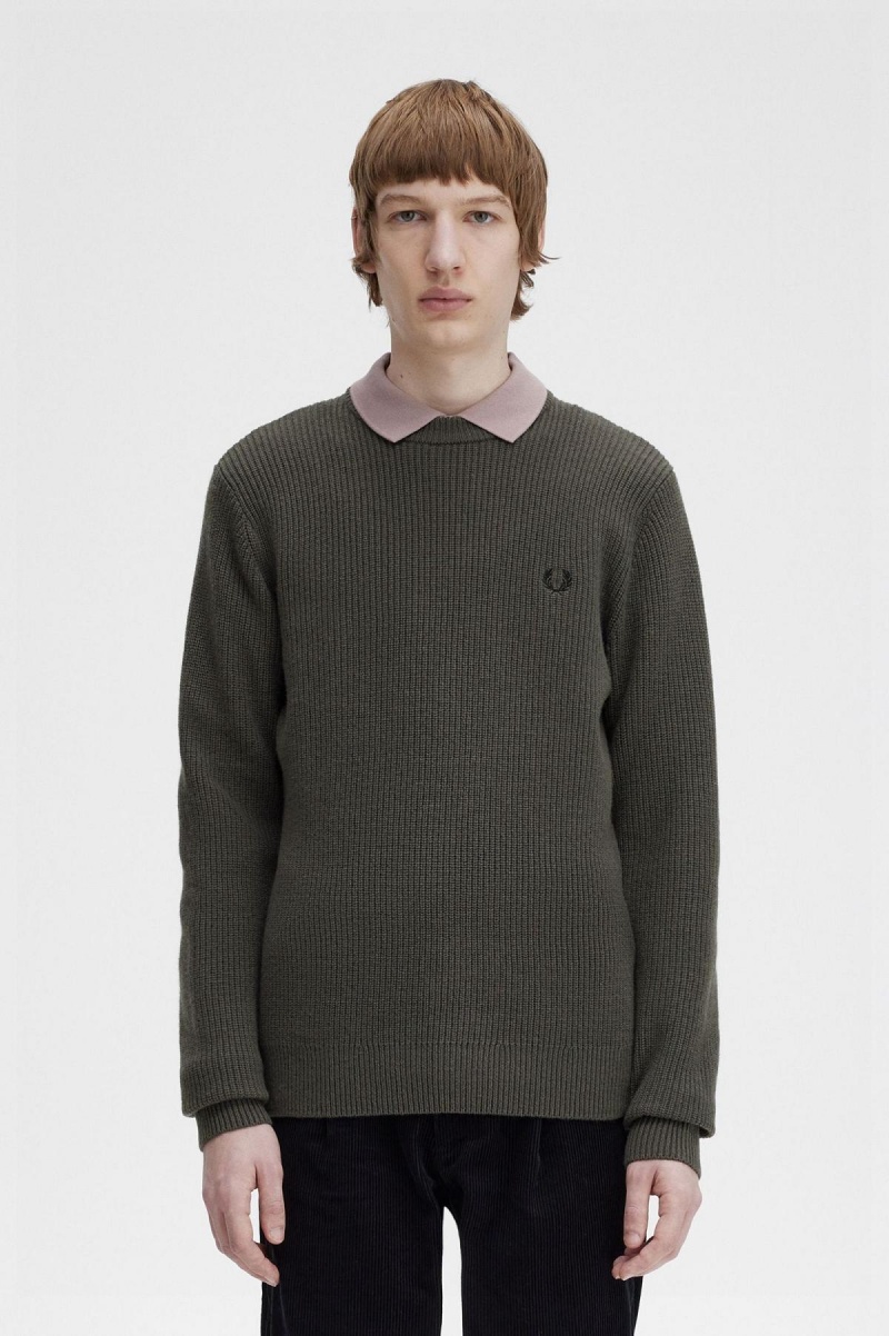 Field Green Fred Perry Textured Lambswool Jumper Men\'s Knitwear | CAJZR65509