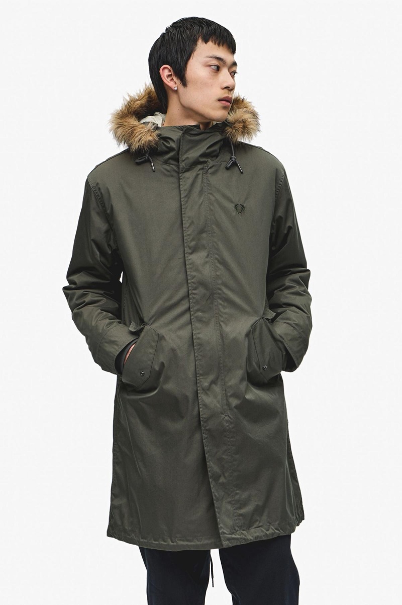 Field Green Fred Perry Zip-In Liner Parka Men's Coats | CAXMI26577