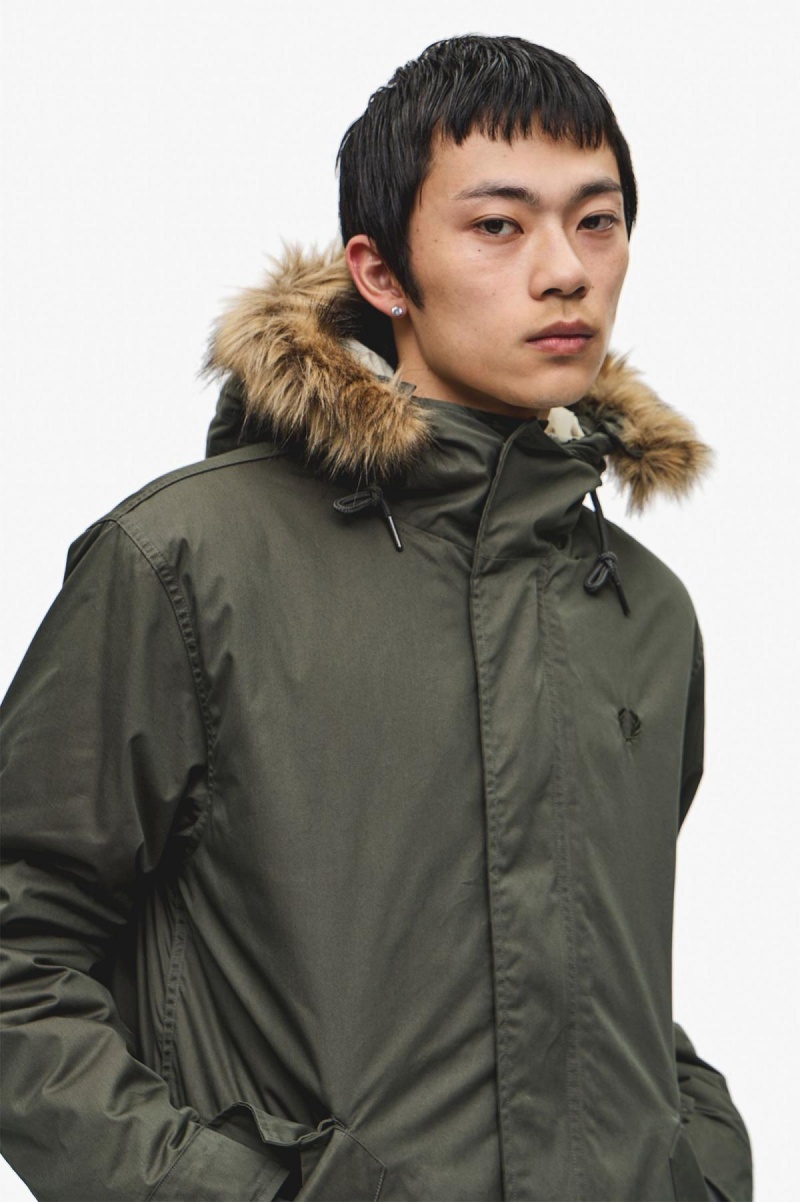 Field Green Fred Perry Zip-In Liner Parka Men's Coats | CAXMI26577