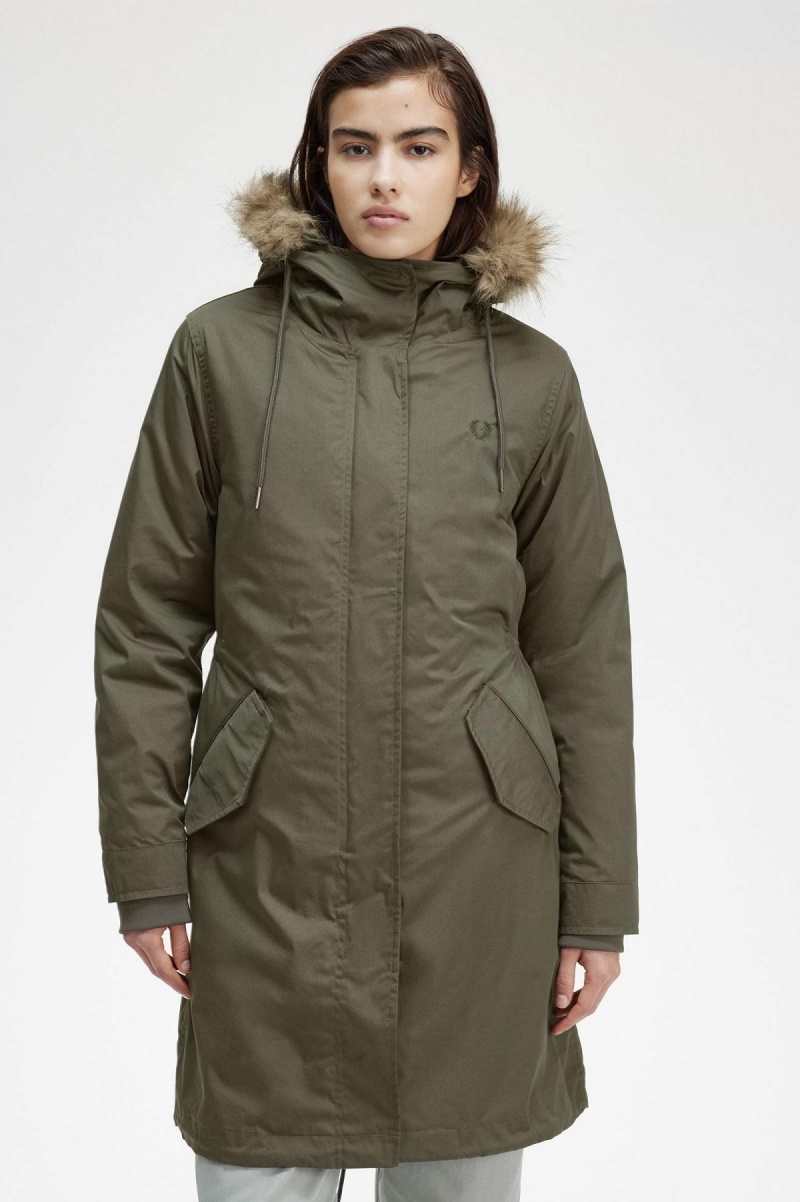 Field Green Fred Perry Zip-In Liner Parka Women's Coats | CAXMI22717