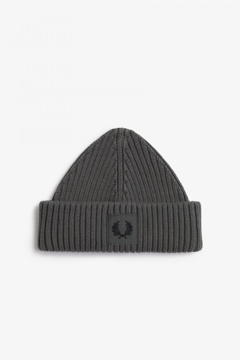 Field Green / Black Fred Perry Branded Patch Ribbed Accessories Beanie | CADFL66333