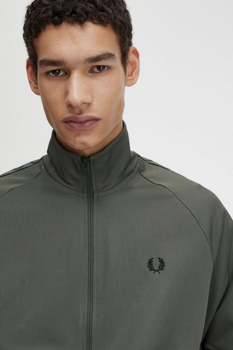 Field Green / Black Fred Perry Contrast Tape Men's Track Jackets | CAEGJ71735