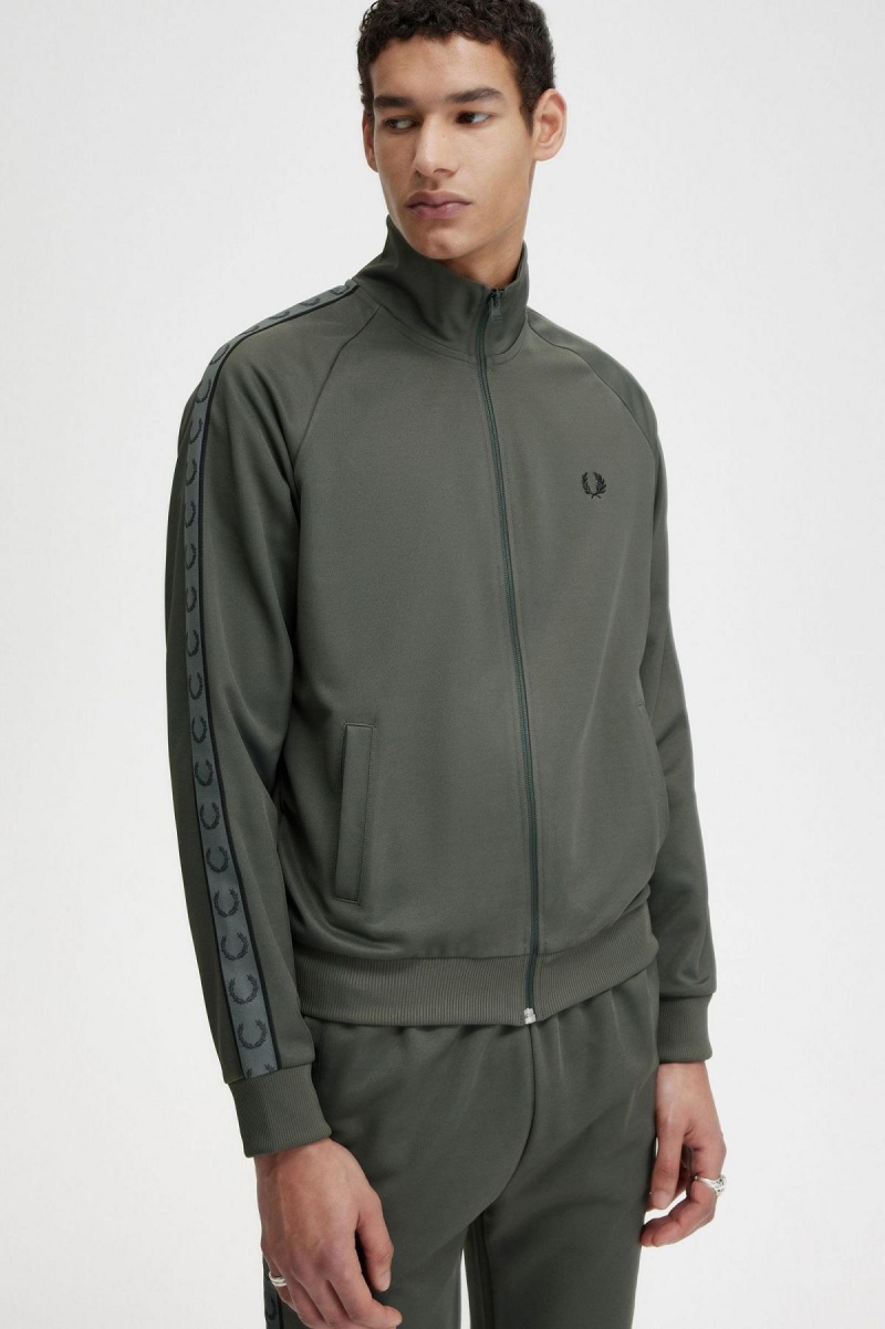 Field Green / Black Fred Perry Contrast Tape Men's Track Jackets | CAEGJ71735