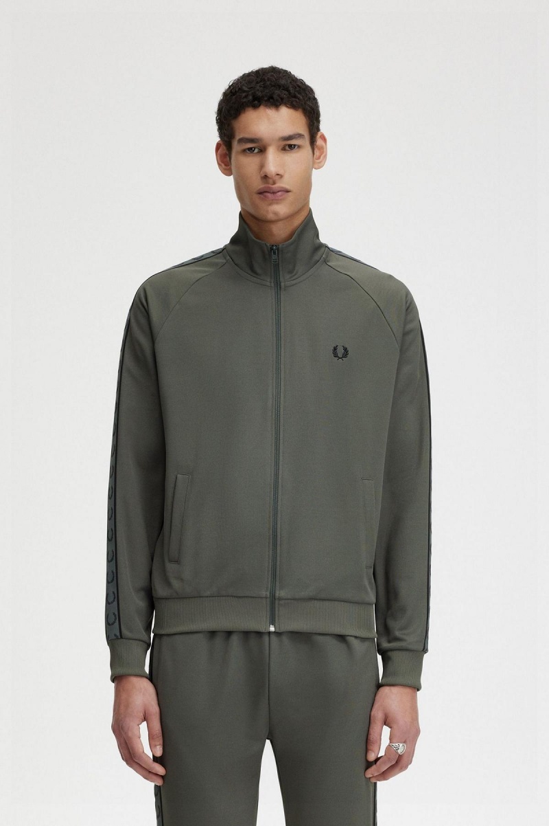 Field Green / Black Fred Perry Contrast Tape Men\'s Track Jackets | CAEGJ71735