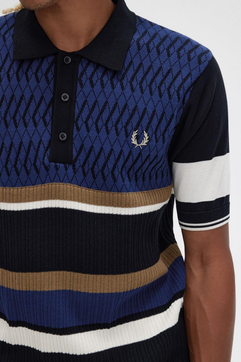 French Navy Fred Perry Argyle Panel Knitted Shirt Men's Knitwear | QCAWA87165