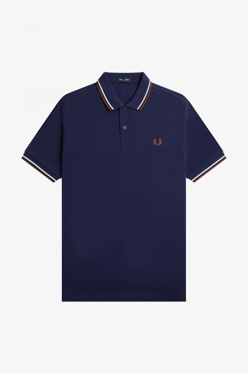 French Navy / Ecru / Whisky Brown Fred Perry M3600 Men's Fred Perry Shirt | CANZX49793