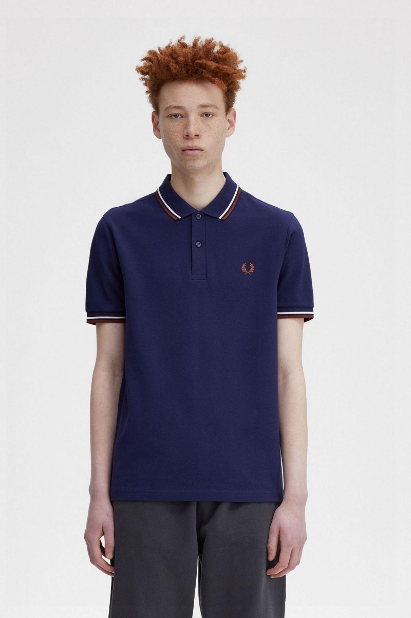 French Navy / Ecru / Whisky Brown Fred Perry M3600 Men's Fred Perry Shirt | CANZX49793