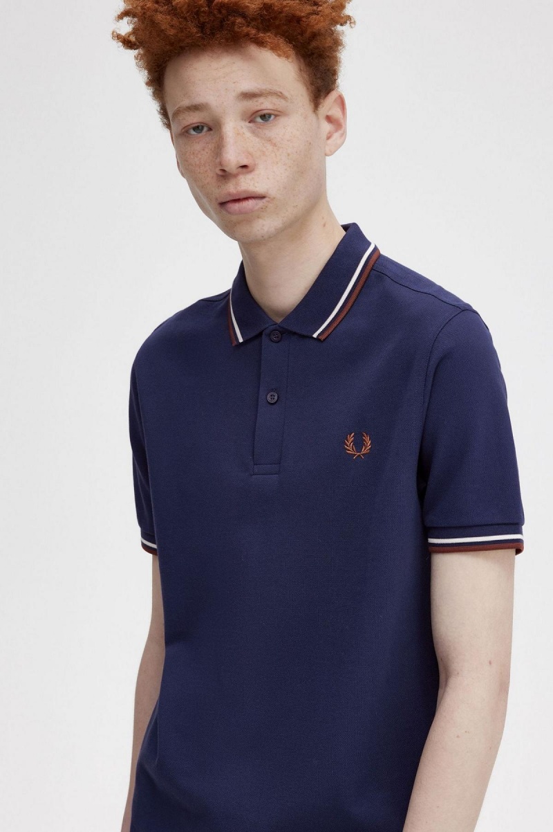 French Navy / Ecru / Whisky Brown Fred Perry M3600 Men's Polo Shirts | SCAVO44980