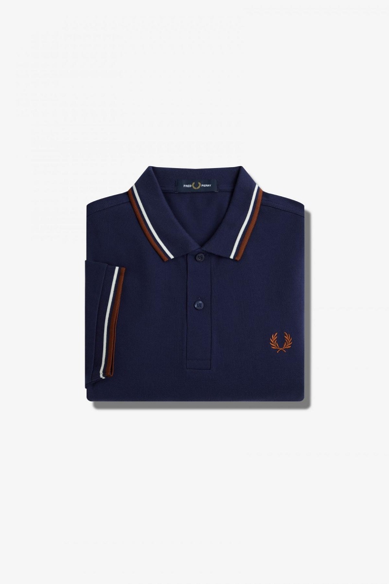 French Navy / Ecru / Whisky Brown Fred Perry M3600 Men's Polo Shirts | SCAVO44980