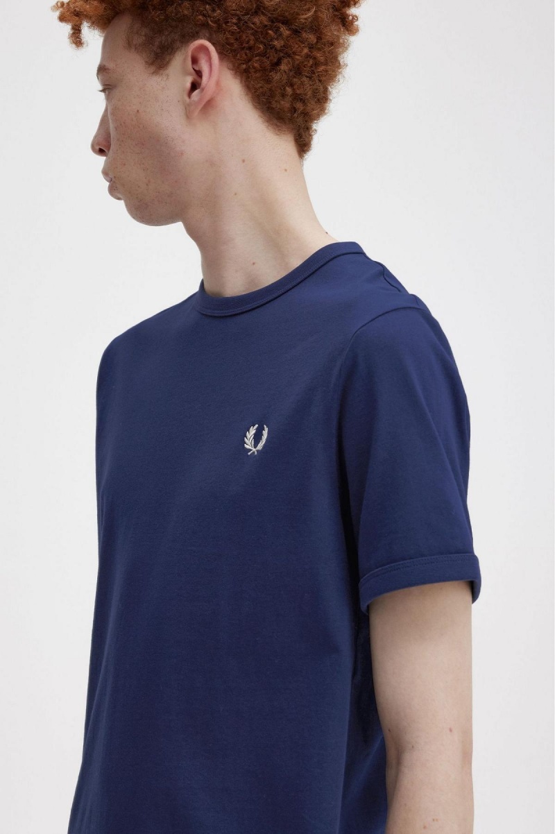 French Navy / Snow White Fred Perry Ringer Men's T Shirts | CAJVR84535