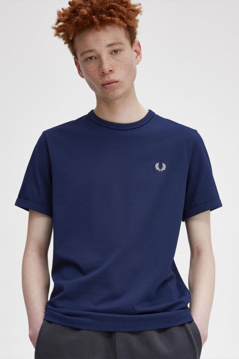 French Navy / Snow White Fred Perry Ringer Men's T Shirts | CAJVR84535