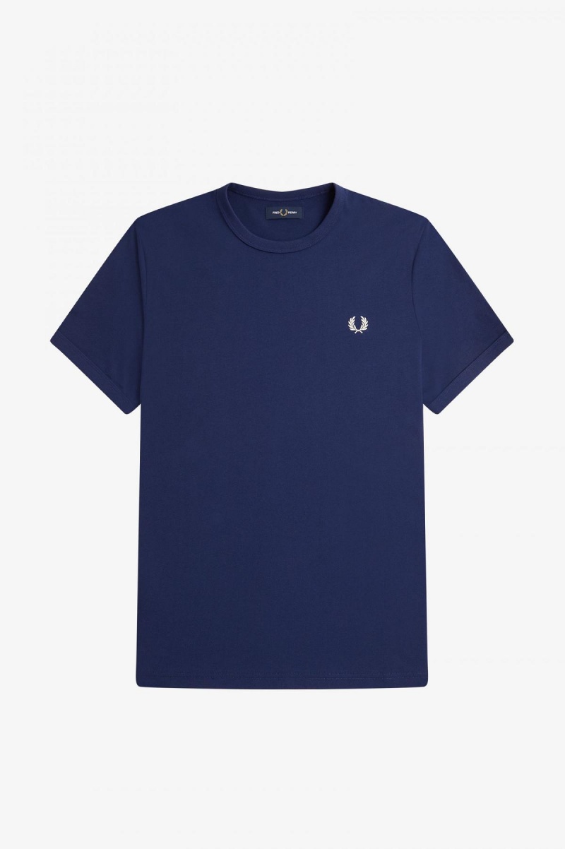 French Navy / Snow White Fred Perry Ringer Men's T Shirts | CAJVR84535