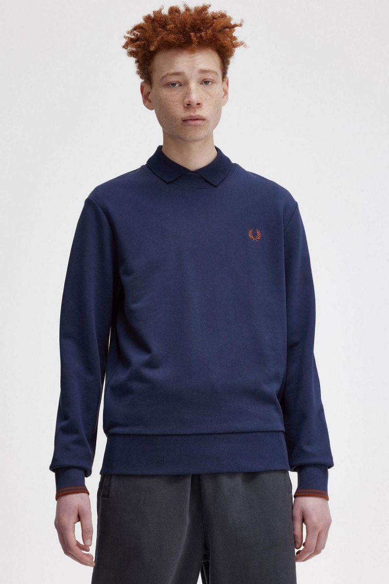 French Navy / Whisky Brown Fred Perry Crew Neck Men's Sweatshirts | GCAUC61392