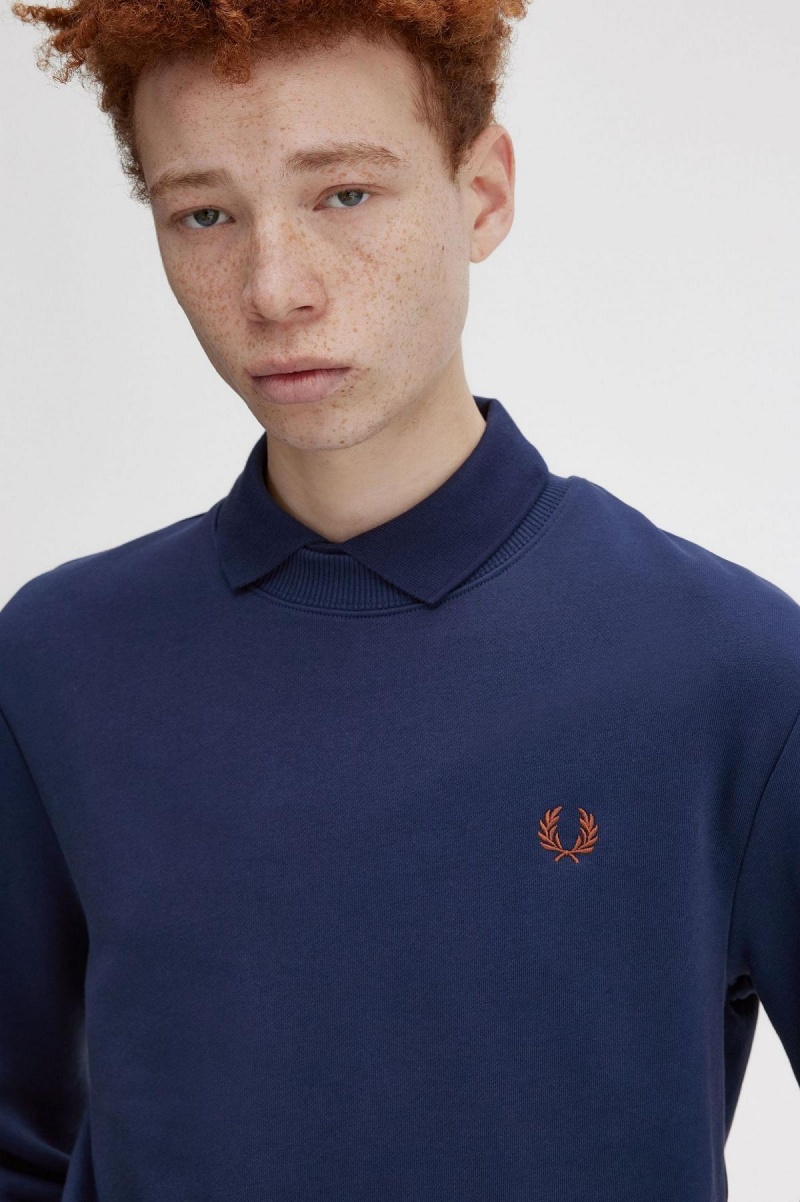 French Navy / Whisky Brown Fred Perry Crew Neck Men's Sweatshirts | GCAUC61392