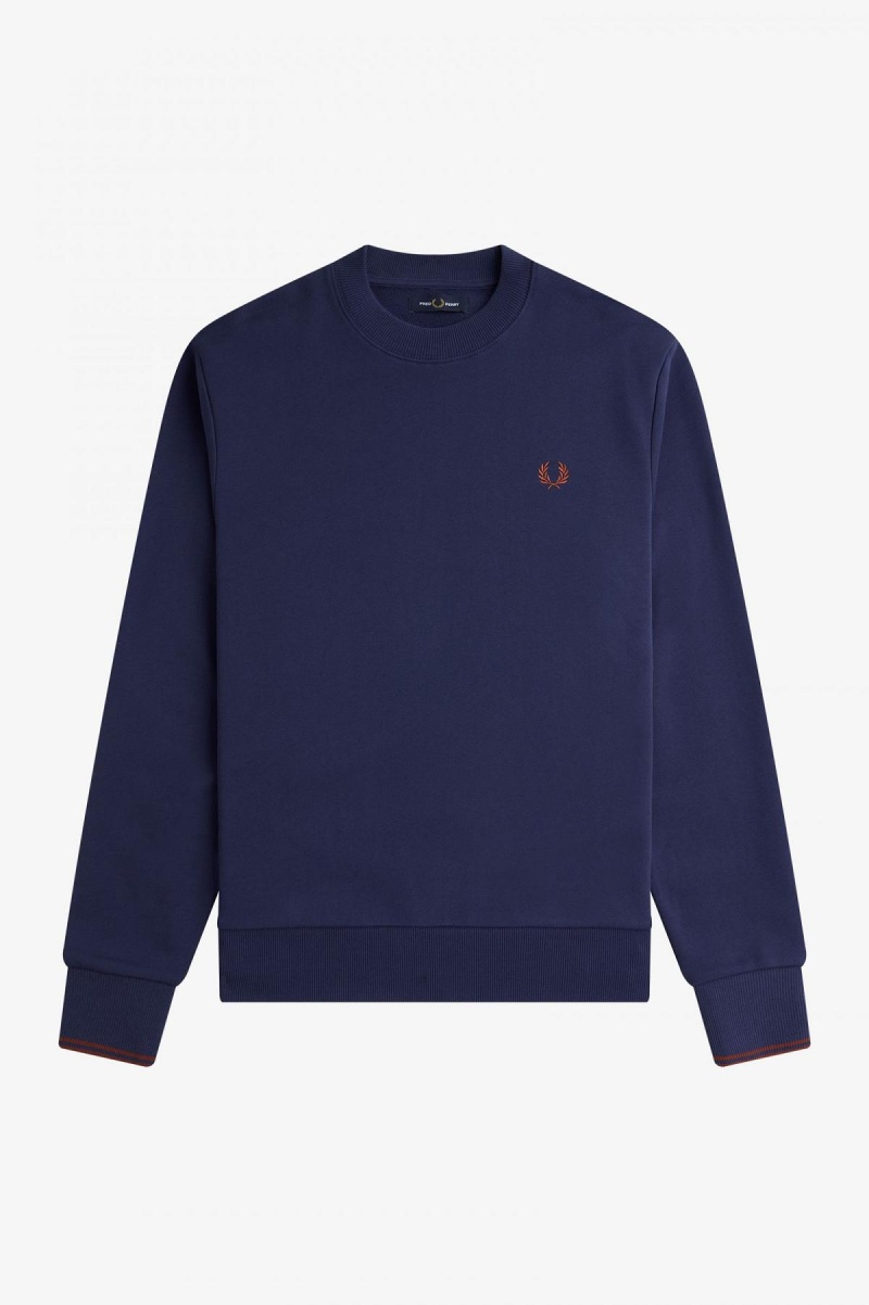 French Navy / Whisky Brown Fred Perry Crew Neck Men's Sweatshirts | GCAUC61392