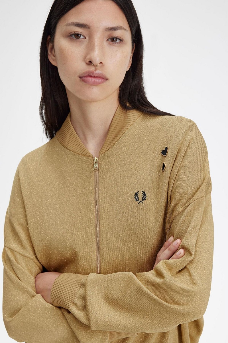 Gold Fred Perry Metallic Knitted Bomber Women's Coats | ZCAMJ50628