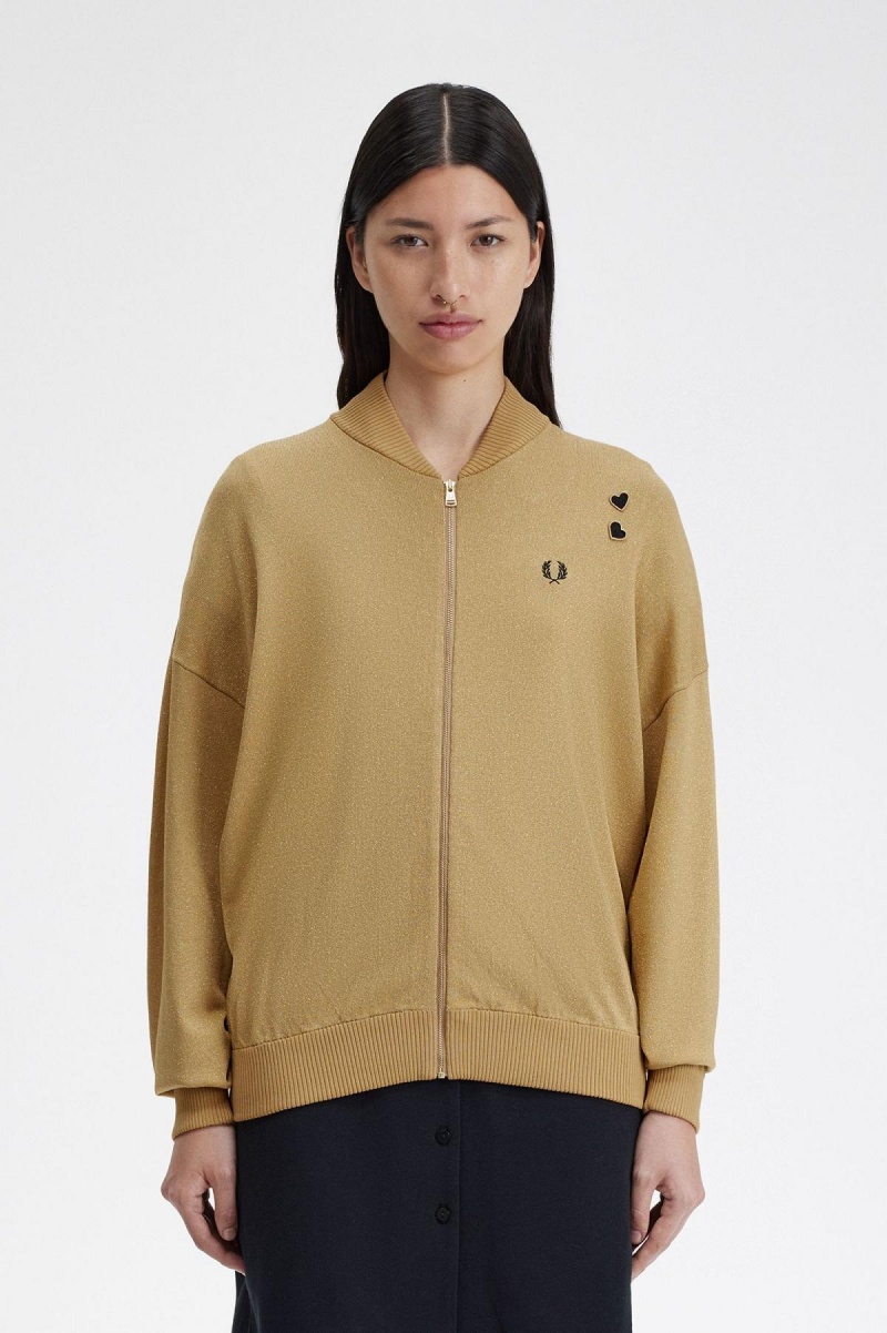 Gold Fred Perry Metallic Knitted Bomber Women\'s Coats | ZCAMJ50628