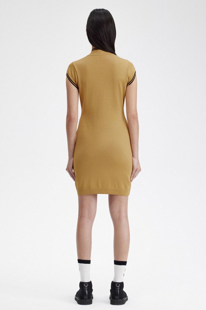 Gold Fred Perry Metallic Knitted Women's Dress | GCAEC27902