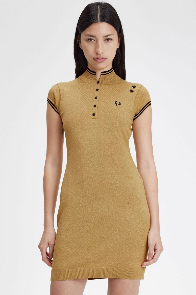 Gold Fred Perry Metallic Knitted Women's Dress | GCAEC27902