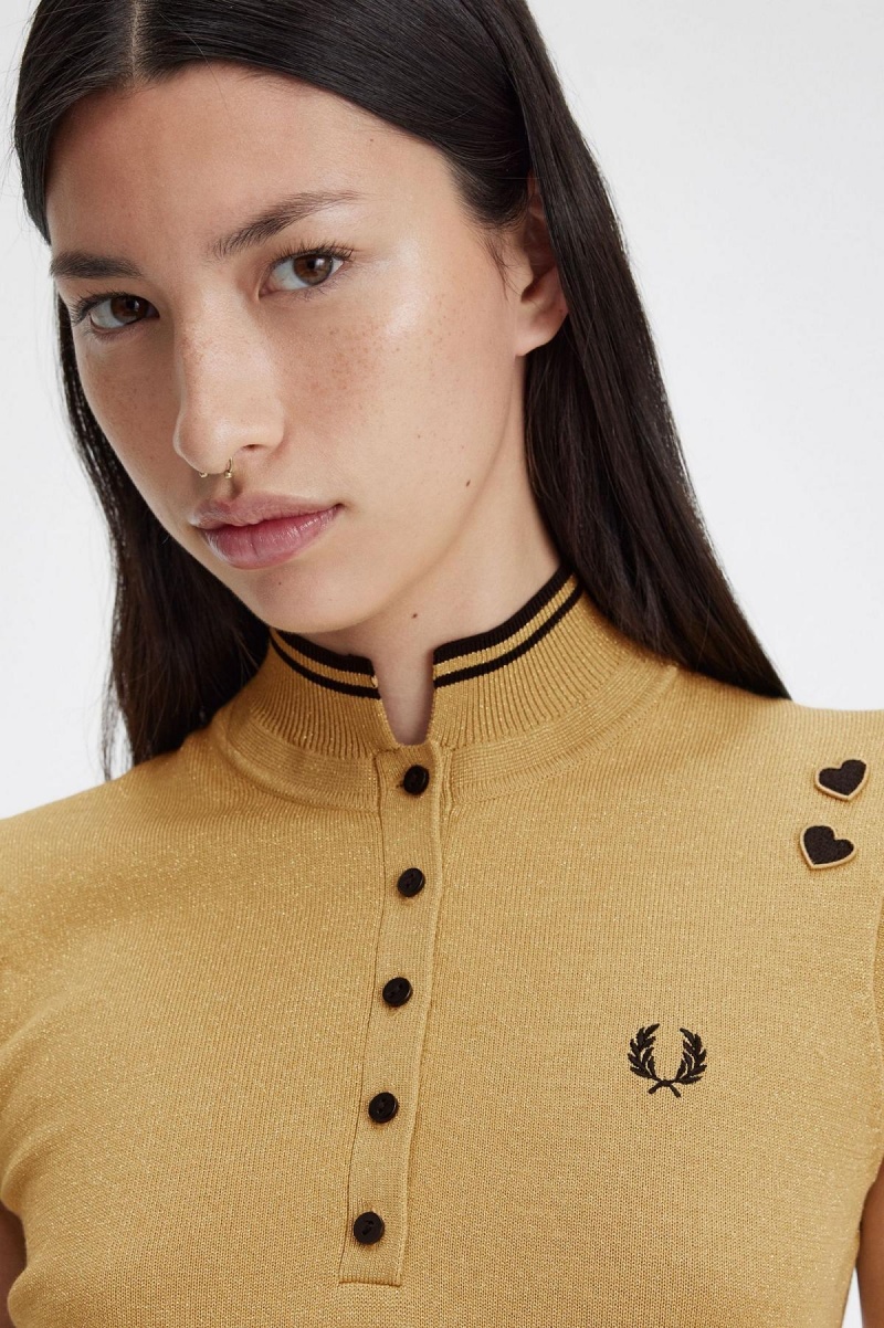 Gold Fred Perry Metallic Knitted Women's Dress | GCAEC27902