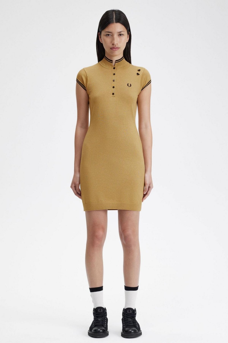 Gold Fred Perry Metallic Knitted Women\'s Dress | GCAEC27902