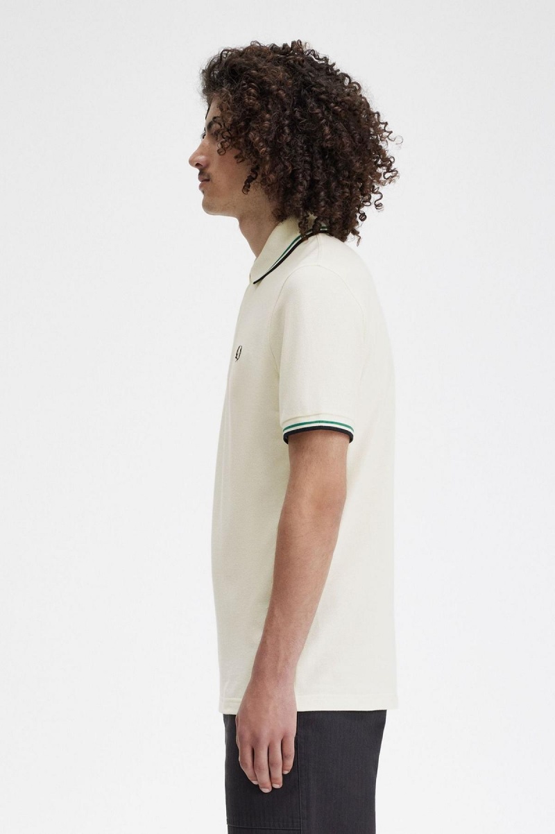 Light Ecru / Fred Perry Green / Black Fred Perry M12 Men's Polo Shirts | CAXBR57070