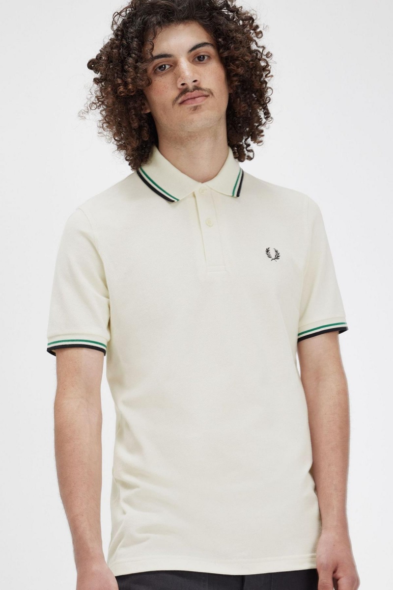 Light Ecru / Fred Perry Green / Black Fred Perry M12 Men's Polo Shirts | CAXBR57070