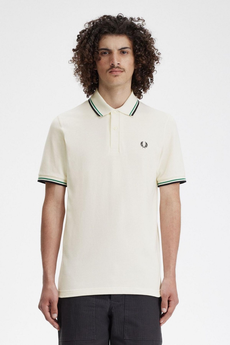 Light Ecru / Fred Perry Green / Black Fred Perry M12 Men\'s Polo Shirts | CAXBR57070