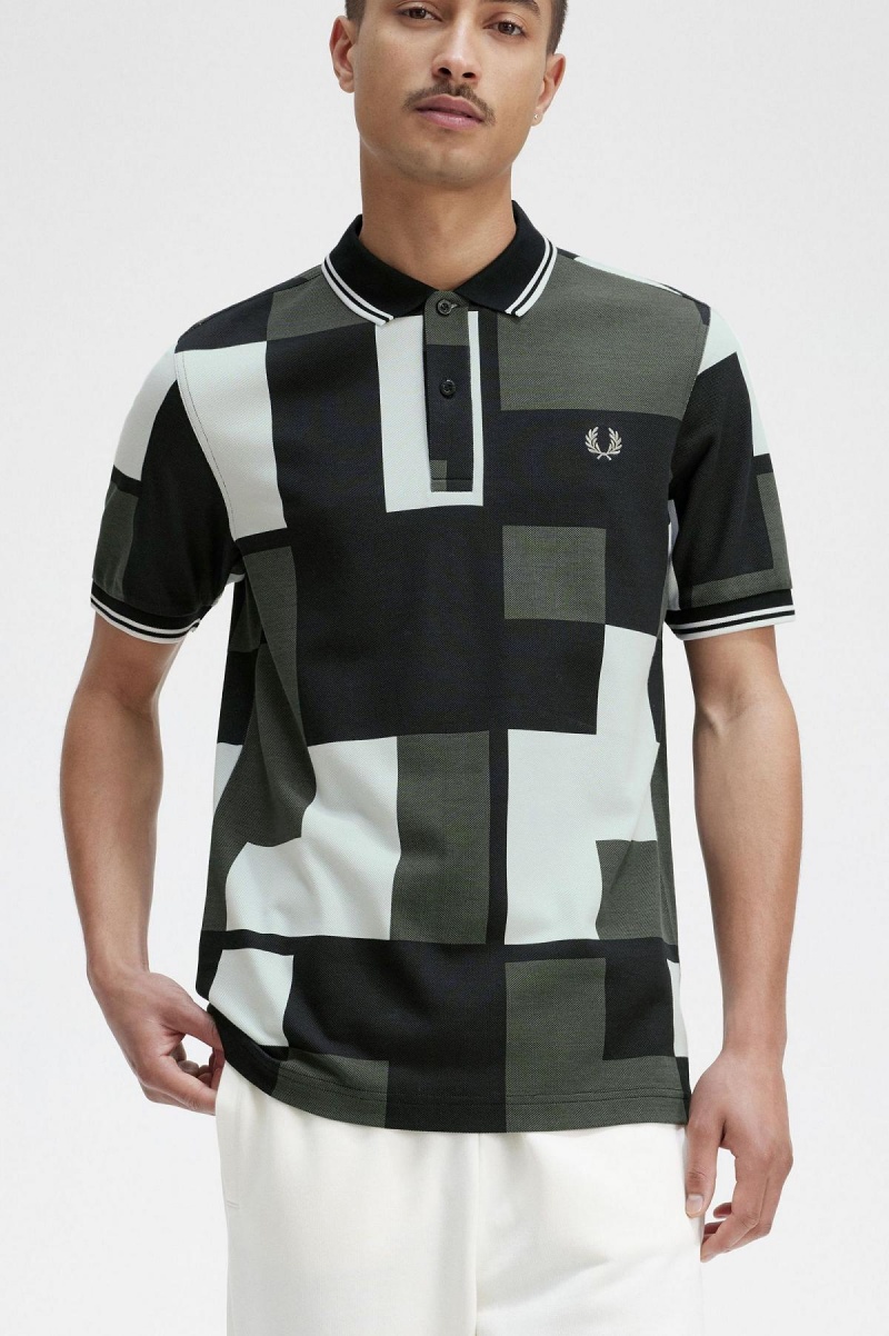 Light Ice Fred Perry Pixel Print Fred Perry Shirt Men's Polo Shirts | ZCAMJ72669