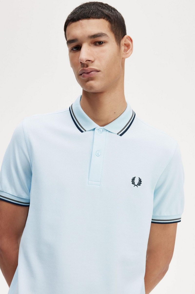 Light Ice / Field Green / Black Fred Perry M3600 Men's Polo Shirts | SCANY74029