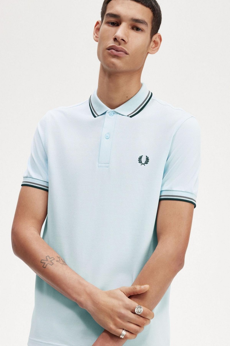 Light Ice / Field Green / Black Fred Perry M3600 Men's Polo Shirts | SCANY74029