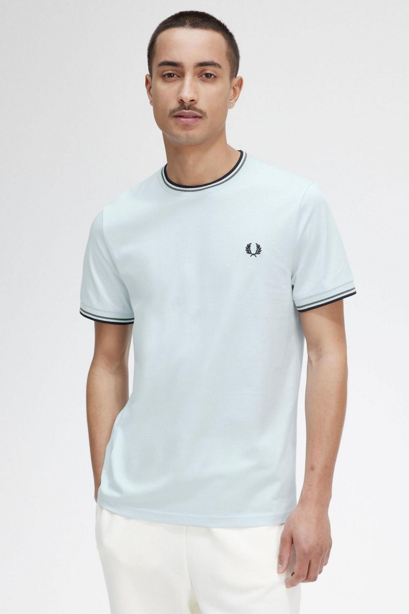 Light Ice / Field Green / Black Fred Perry Twin Tipped Men's T Shirts | BCASD59982