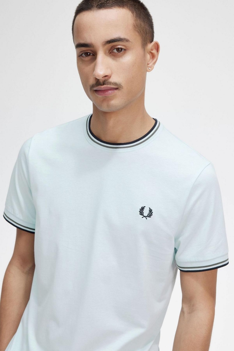 Light Ice / Field Green / Black Fred Perry Twin Tipped Men's T Shirts | BCASD59982