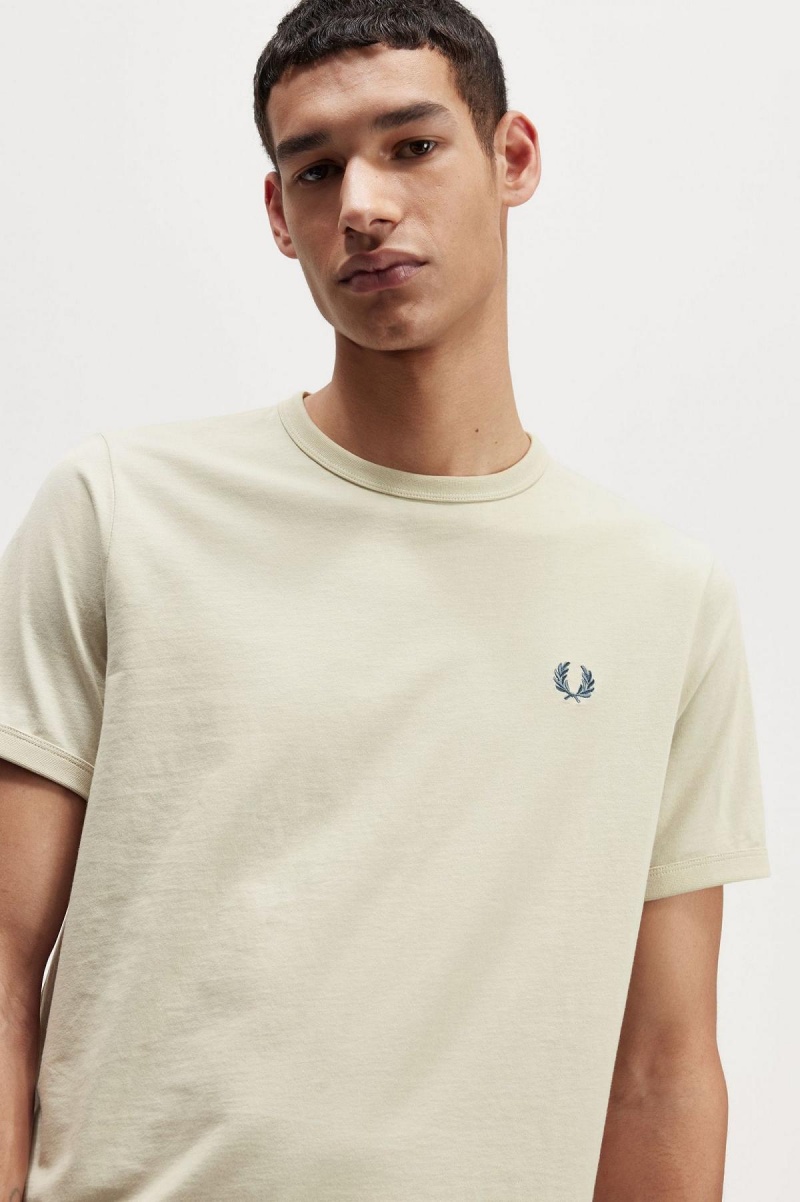 Light Oyster Fred Perry Ringer Men's T Shirts | FCAHY11933