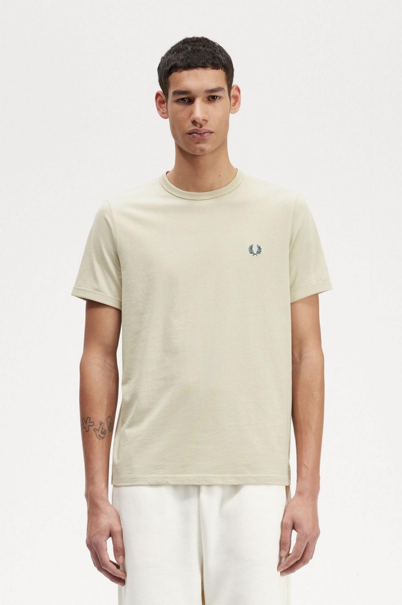 Light Oyster Fred Perry Ringer Men\'s T Shirts | FCAHY11933